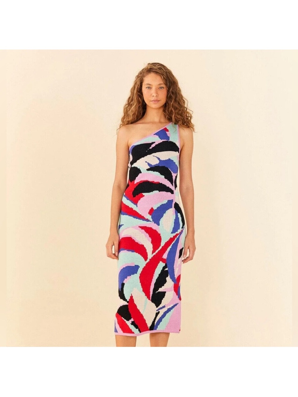 FARM Rio Monstera One-Shoulder Multicolor Abstract Knit Midi Dress